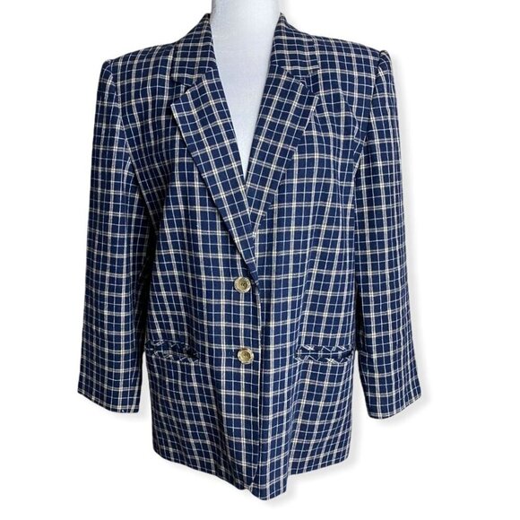 Sag Harbor Checked Plaid Linen-Blend Blue Blazer Jacket Women's Petite Size 8 - Picture 2 of 7